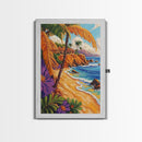 Tropical Beach, Huts, Framed Canvas Print, Island paradise artwork, palm tree coastal decor, bathroom or entryway art, boho summer scene
