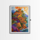 Sunset Mission by Sea, Spanish Coastal Church, Tropical Mountain View, Framed Canvas Print, Living Room Art, Bold Wall Statement