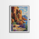 Desert Cliffside, Ocean View, Nature Painting, Colorful Landscape, Living Room Wall Art, Framed Canvas Print, Southwest Home Decor
