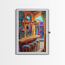 Wine Bar Scene, Cozy Bistro, Mediterranean Patio, Colorful Bar Decor, Kitchen Wall Art, Eclectic Style, Framed Canvas Print