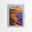 Vibrant Beach Sunset, Ocean Waves, Tropical Coastline, Coastal Landscape, Framed Canvas Print, Living Room Wall Art, Colorful Beach Art