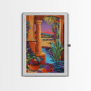 Desert Garden View, Vibrant Sunset Patio, Mexican Courtyard Scene, Framed Canvas Print, Colorful Patio Art, Kitchen Wall Art, Boho Decor