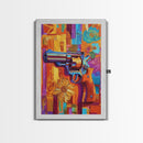 Pop Art Revolver, Bold Gun Art, Urban Wall Decor, Framed Canvas Print, Eclectic Studio Wall Art, Psychedelic Style, Colorful Abstract Art