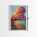 Sunset Bay, Dramatic Clouds, Lakeside View, Village Scene — Canvas Print rustic lake house decor, Fall living room wall art, scenic painting
