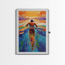 Man Swimming Sunset, Ocean Freedom Art, Tropical Wall Decor, Canvas Print, Bright Water Colors, Bold Bathroom Wall Art