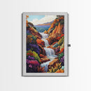Cascading Falls, Ocean Cliffs, Tropical Flowers, Bold Nature, Framed Canvas Print, Living Room Wall Art, Maximalist Decor, Beach Art
