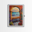 Stone Archway Ocean, Dreamy Seaside Scene, Romantic Sunset Art, Framed Canvas Print, Coastal Entryway Wall Art, Vacation Vibes