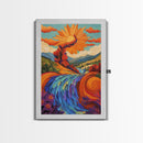 Sunflower River Scene, Whimsical Nature Landscape, Joyful Energy Art, Framed Canvas Print, Bright Nursery Wall Art, Autumn Boho Style