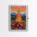 Flames Forest, Dusk, Firelight, Framed Canvas Print rustic bonfire wall art, forest painting, Autumn cabin decor, cozy living room wall art