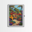 Tropical Courtyard, Retreat, Pathway, Framed Canvas Print, vibrant tropical patio scene, colorful garden art, Spanish boho home decor