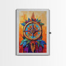 Compass, Rustic, Floral, Wall, Framed Canvas Print, Boho compass rose art with flowers, ideal bohemian home decor or entryway statement art