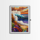 Wave Bold, Ocean, Sunset, Framed Canvas Print, Sunset surf wave crashing on rocks with bold colors, perfect beach house wall art