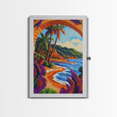 Tropical Palm, Beach, Archway, Canvas Print, Vibrant tropical beach with palm trees through archway, boho bedroom island-inspired wall decor