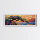 Coastal Tree, Sunset Glow, Flowering Branches, Ocean Horizon, Canvas Print, Bedroom Wall Art, Tranquil Nature Scene, Vibrant Landscape