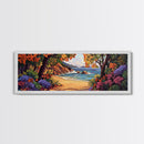 Secluded Beach Painting, Colorful Coastal Trees, Tropical Shoreline View, Framed Canvas Print, Relaxing Bathroom Art, Boho Bedroom