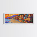 Seaside Village Sunset, Colorful Coastal Homes, Vibrant Ocean View, Framed Canvas Print, Beach House Decor, Bohemian Art