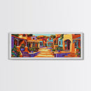 Colorful Village Lane, Bright Street Scene, Adobe Style Architecture, Framed Canvas Print, Boho Entryway Wall Art, Kitchen Decor
