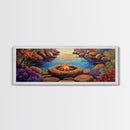 Campfire by River, Autumn Glow, Cozy Outdoor Scene, Framed Canvas Print, fall landscape, rustic decor, lodge wall art, den artwork