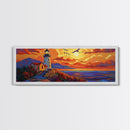 Seaside Lighthouse View, Sunset Birds, Coastal Dream, Framed Canvas Print, ocean wall art, rustic beach decor, entryway statement piece