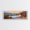 Ocean Wave Crash, Coastal Rock Shore, Vibrant Seascape Painting, Framed Canvas Print, Beach Bathroom or Nautical Living Room Art