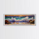 Crashing Waves Sunset, Seaside Landscape Art, Modern Beach Wall Decor, Living Room Accent, Framed Canvas Print, Coastal Vibes