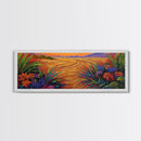 Golden Horizon Path, Vibrant Floral Border, Nature Sunset Painting, Framed Canvas Print, Bedroom Wall Art, Warm Color Landscape