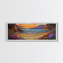 Tranquil Beach Sunset, Colorful Coastal Scene, Ocean Cliff View, Floral Accents, Framed Canvas Print, Dining Room art,  Office Art