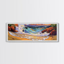 Wave Crash, Rocky Beach, Golden Coast, Tropical Splash, Framed Canvas Print, Coastal Wall Art, Bold Bathroom Decor, Surf Art Style