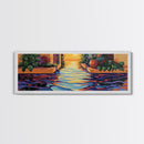 Sunset Canal Garden, Water Reflections, Warm Floral Courtyard, Framed Canvas Print, Kitchen Wall Art, Romantic Boho Artwork