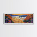 Tropical Cove, Sunset Beach, Colorful Blooms, Coastal Escape Framed Canvas Print, Bedroom Wall Art, Bold Landscape Painting