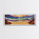 Sunset Shore View, Vibrant Ocean Wave, Footprints in Sand, Coastal Seascape Art, Framed Canvas Print, Beach House Wall Decor