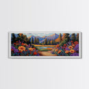 Wildflower Trail Art, Mountain Landscape, Framed Canvas Print, Nature Inspired Decor, Boho Living Room Wall Art, Vibrant Floral Scene