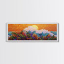 Sunset Wave, Colorful Spray, Ocean Burst, Warm Tones, Framed Canvas Print, surf-inspired bedroom art, coastal decor, tropical fall wall piece