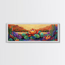 Lotus Bloom, Tranquil Pond, Sunset Flowers, Framed Canvas Print, Zen Wall Art, Yoga Studio Decor, Nature Inspired Floral Painting