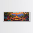 Mountain Campfire Glow, Forest Bonfire Scene, Sunset Wilderness Art, Canvas Print, Autumn Living Room Decor, Rustic Outdoor Vibe