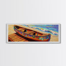 Floral Canoe Painting, Beachside Dock Art, Coastal Decor Accent, Canvas Print, Nautical Wall Art, Boho Beach House Living Room