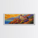 Lighthouse View, Ocean Sunset, Seaside House, Framed Canvas Print, Beach Coastal Decor, Nautical Living Room Art, Bold Color Art