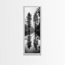 Twin Pines, Forest Reflection, Misty Lake, Black and White Nature, Framed Canvas Print, Living Room Wall Art, Nature Photography, Zen Decor