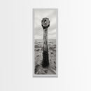 Driftwood Totem, Coastal Pillar, Ocean Beach Monochrome, Framed Canvas Print, Rustic Wall Art, Boho Bedroom Decor, Nature Photography