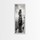 Coastal Rock, Ocean Tower, Nature Photography, Framed Canvas Print, Minimalist Wall Decor, Living Room Wall Art, Black and White Seascape