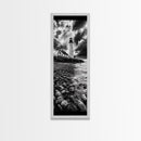 Lighthouse Drama, Coastal Storm, Rocky Shoreline Scene, Moody Ocean Sky, Framed Canvas Print, Nautical Living Room Wall Art, Black White Art
