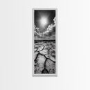 Cracked Earth, Sunburst Sky, Natural Texture, Desert Landscape, Framed Canvas Print, Rustic Decor, Earth Tone Art, Office Wall Art