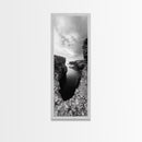 Seaside Cliffscape, Ocean Horizon, Monochrome Nature Scene, Framed Canvas Print, Coastal Living Room Art, Modern Rustic Wall Decor