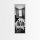 Leather Chair, Cozy Window, Cowhide Rug, Framed Canvas Print, Farmhouse Living Room Decor, Rustic Minimalist Art, Monochrome Interior