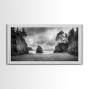 Hidden Coastal Cove, Dramatic Ocean Scene, Natural Seascape, Canvas Print, Rustic Cabin Wall Art, Black and White Beach Photography
