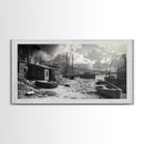 Old Fishing Harbor, Weathered Boats, Coastal Village Scene, Canvas Print, Nautical Kitchen Wall Art, Maritime Black and White Decor