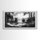 Coastal Forest View, Mountain Sea Horizon, Romantic Nature Scene, Framed Canvas Print, Living Room Wall Art, Vintage Landscape