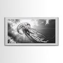 Jellyfish In Light, Ocean Life Art, Monochrome Sea Creature, Canvas Print, Coastal Bathroom Wall Art, Marine Modern Decor, Office Wall Art