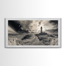 Lighthouse Path, Stormy Beach, Moody Coastline, Wall Decor, Framed Canvas Print, Coastal Wall Art, Rustic Bathroom, Nautical Style Print