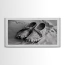 Moccasins in Sand, Rustic Footwear Art, Cultural Detail Photo, Framed Canvas Print, Boho Entryway Wall Decor, Western Minimalist